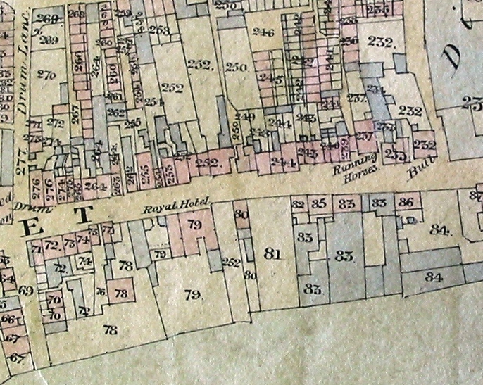 Tithe map, drawn by hand & water-coloured; this section shows Drum Lane (Ealing Road) and to the east including the Royal Hotel