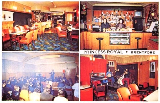 Four images: restaurant and bar; couple serving at bar which has a food display area and TV; function room, man performing on stage, audience of around 40; band of three young men on small stage