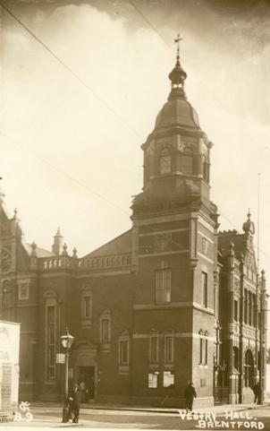 Sepia view of ornate red-brick building