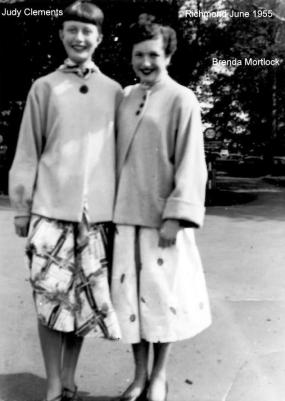 1955 photo of Judy Clements and Brenda Bostock, taken in Richmond, fashionable jackets and full skirts 