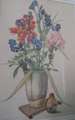 Watercolour: vase of flowers including snapdragons