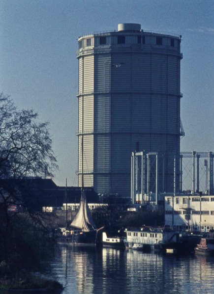 View of the gasometer from Kew Bridge