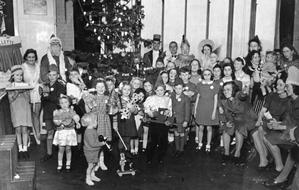 B/W photo of a children's Christmas party