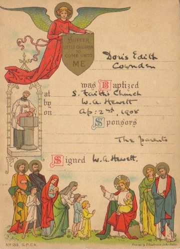 Card with images of red-robed angel 'Suffer little children to come unto me', a baby being baptised at the font and Jesus with children and halo'ed beings