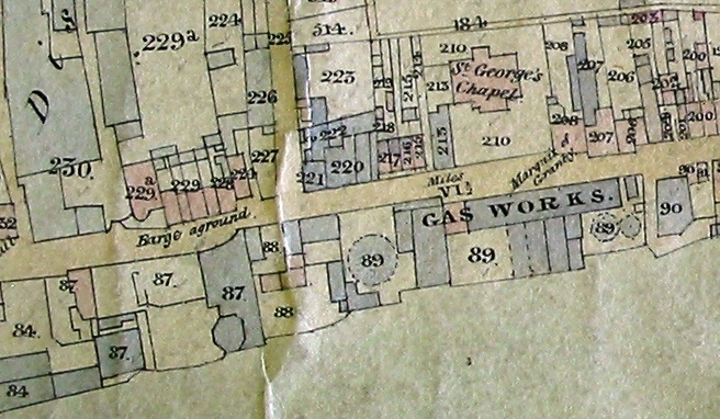 Tithe map, drawn by hand & water-coloured; this section shows the eastern end of the High Street including the Gas Works