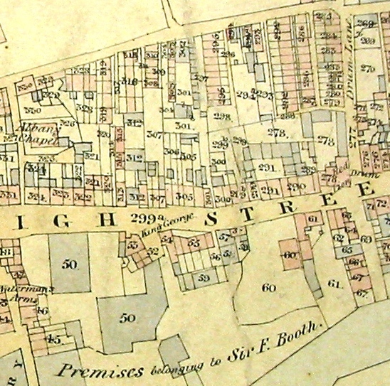 Tithe map, drawn by hand & water-coloured; this section shows the area to the west of The Red Lion