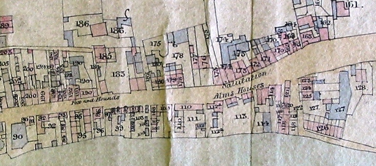 Tithe map, drawn by hand & water-coloured; this section shows the eastern end of the High Street including the Almshouses
