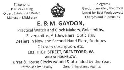 Advert for E & M Gaydon, 102 High Street Brentford