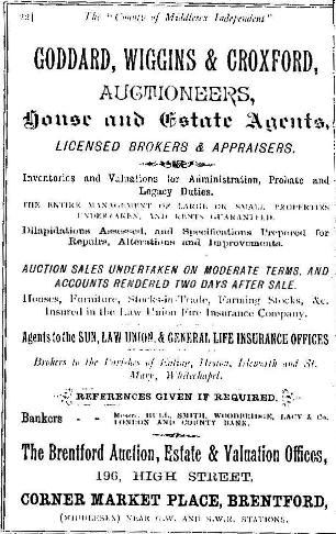 Advert: 'Goddard, Wiggins and Croxford, auctioneers, house and estate agents, licensed brokers and appraisers' (etc)
