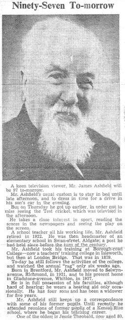 Newspaper piece 'Ninety-Seven To-morrow' including photo of James Ashfield