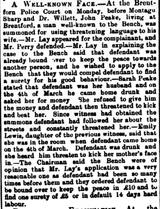 Brentford Police Court news item, Middlesex Independent 23 March 1887