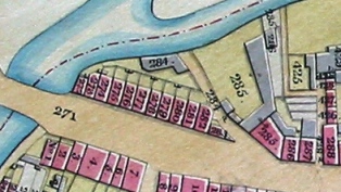 Section of New Brentford tithe map showing Brentford Bridge to left and properties 285,6,7: Durham Wharf
