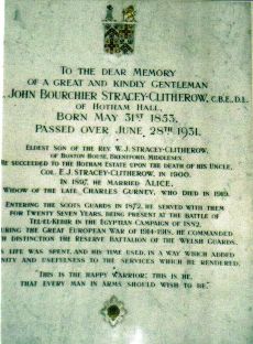 Memorial to John Bourchier Stracey-Clitherow 1853-1931, North Cave church (Janet McNamara)