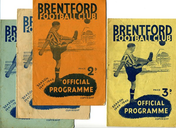 Four BFC programme covers each with the same image of a footballer kicking a ball